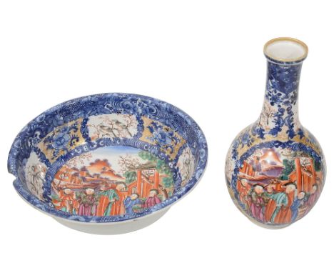 An 18th century Chinese export famille rose and underglaze blue basin and guglet c.1780decorated with a falconer and attendan