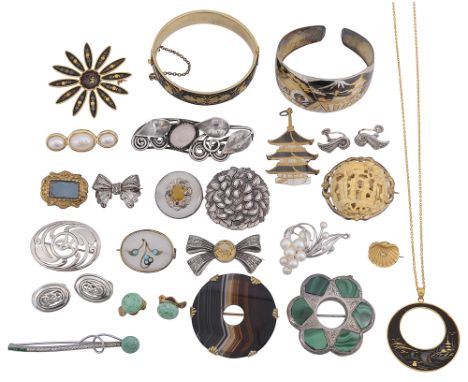 A collection of Victorian and later jewellery including a Chinese carved ivory figural brooch in Victorian scroll frame, a si