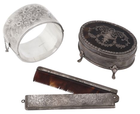 An Edwardian silver and pique inlaid tortoiseshell oval trinket box, and other itemsfirst Birmingham, 1908 by Henry Matthews,