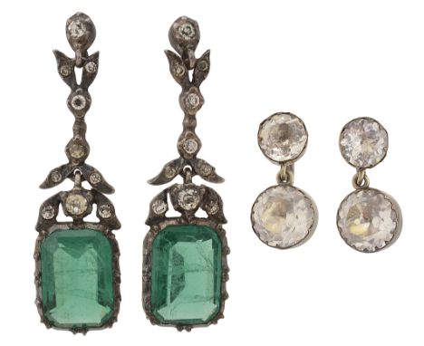 Two pairs of late 19th century/early 20th century  silver-mounted paste ear pendants with screw fittings:   the first each wi