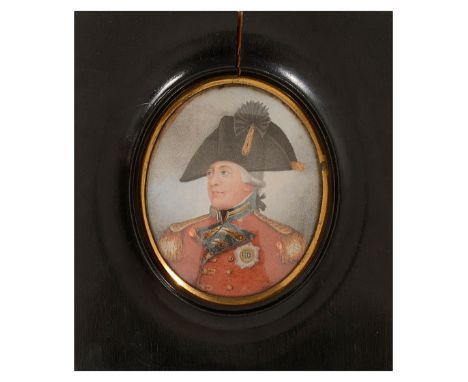 An oval portrait miniature of George III,early 19th century, after Sir William Beechey (1753-1849), George III wearing red Ge