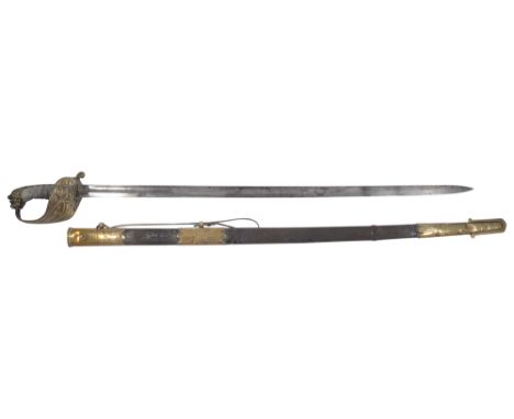 A 19th century naval officers sword and scabbardthe 31 inch single fullered blade with approved brass mark, regulation brass 