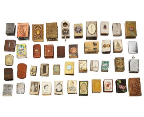 An interesting and varied collection of matchbox covers, vesta and matchbook cases to include Rudyard Kipling brass example w