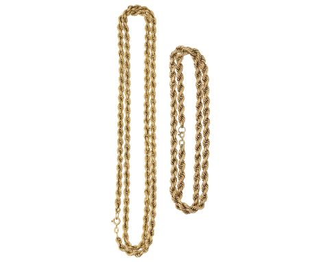Two rope twist chain necklacesthe first stamped '10K' , the second '9K' (2)the first 92cm, 31.3 g, the second 63cm, 28.3gCond
