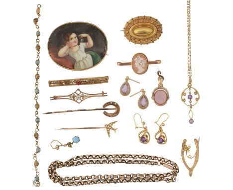 A collection of 19th Century and Edwardian jewellery, mainly yellow gold, and including  five brooches , two stick pins, an a