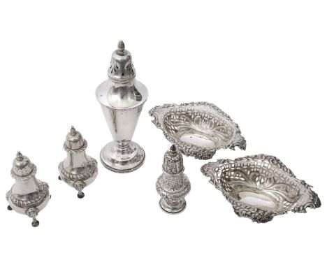 A pair of Edwardian silver pepper casters, a sugar caster and other silverfirst London, 1905 by Mappin &amp; Webb, of baluste