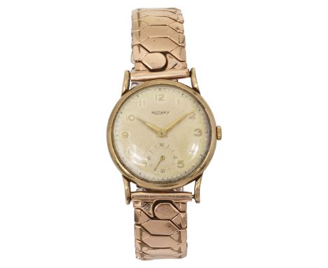 A Gentleman's 9ct gold Rotary wristwatch the champagne dial with Arabic numerals, subsidiary seconds, 9ct gold case and expan