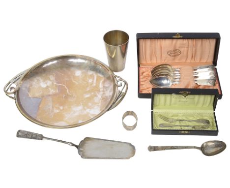 A collection of Finnish .813 silver to include a beaker, a set of six fiddle and shell pattern dessert spoons and other items