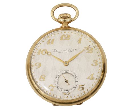 A 1920s International Watch Company Art Deco 14ct pocket watch with chequered textured dial with raised Arabic numerals and r