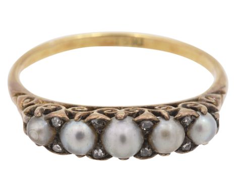 A late Victorian pearl and diamond-set ringthe five graduated pearls with rose-cut points between  to the pierced  scrolling 