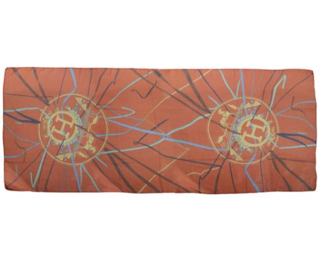 An Hermes silk stole scarf 'Attrape Tes Reves' , c. 2008, design by Leigh Cooke, in orange coloured silk chiffon printed with