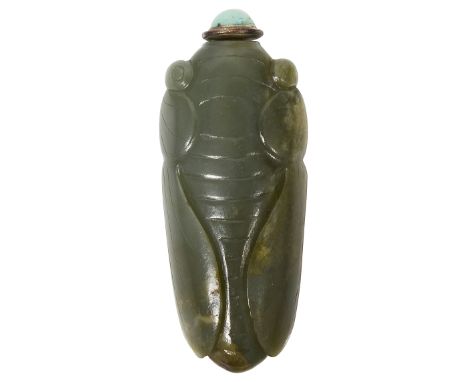 A 19th century Chinese green jade cicada snuff bottlenaturalistically carved, silver mounted turquoise stopperlength 9cm.Cond