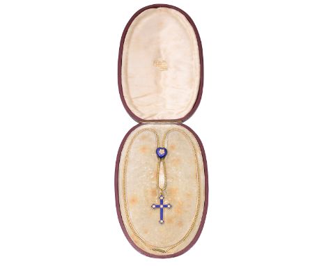 A mid Victorian enamel, pearl and yellow gold pendant necklacethe fancy link yellow gold chain and barrel clasp with a blue e