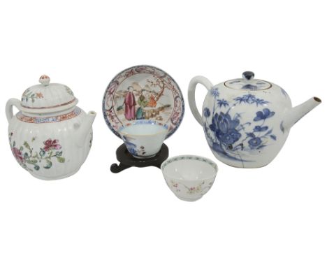 18th century Chinese export porcelain teapots, othersfirst of fluted globular decorated in famille rose palette with peonies 