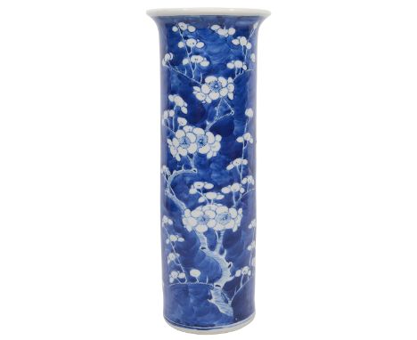 A 19th century Chinese blue and white sleeve vasedecorated with flowering prunus branches against cracked ice, four character