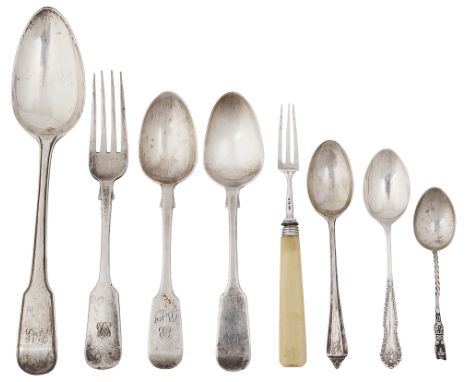 A small collection of silver flatwarevarious date makersto include a George III fiddle and thread pattern tablespoon, London,