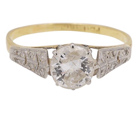 A diamond single stone ring, the central brilliant-cut diamond gauged to weigh 0.90 cts to the diamond-set tapering shoulders