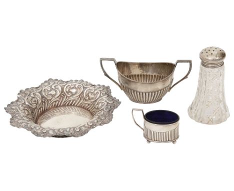 A late Victorian foliate embossed silver dish and other silver first Sheffield, 1894 by Fenton Brothers, circular with wavy e