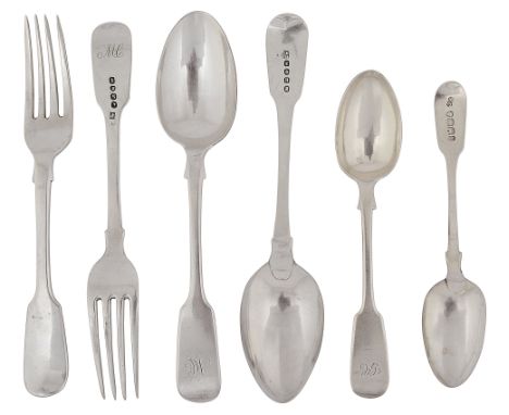 A selection of George IV and later silver fiddle pattern flatwarevarious dates makers,comprising three Irish George IV rattai