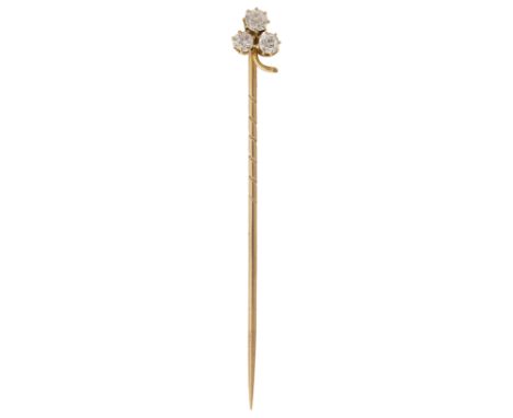 A 19th century diamond stick pin, designed as a trefoil cluster and set with three old brilliant-cut diamonds, coronet-set in