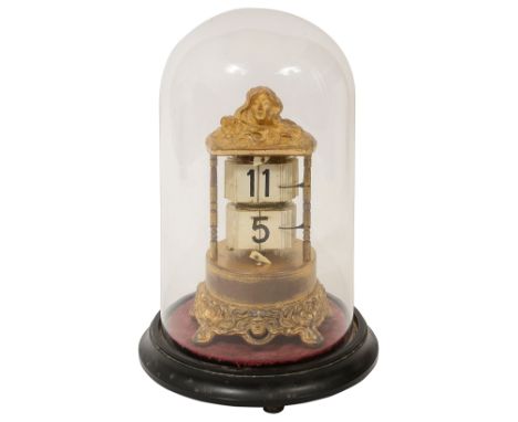 An Art Nouveau design gilt metal Plato or ticket clockthe case with figural maiden top, two levels of celluloid plates, stamp