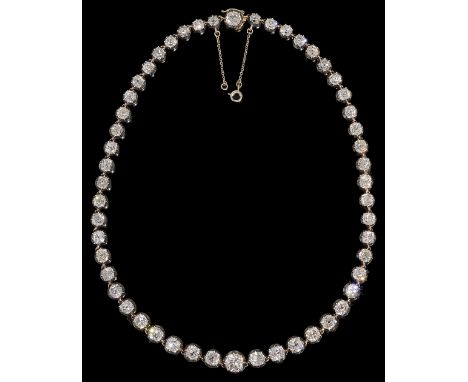 An impressive early/mid Victorian diamond graduated riviere necklace, each of the 51 graduated cushion-shaped old brilliant-c