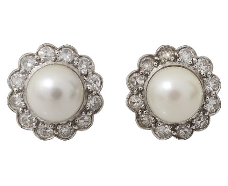 A pair of cultured pearl and diamond-set cluster earrings, each 6 mm cultured pearl within a surround of single-cut diamondsd