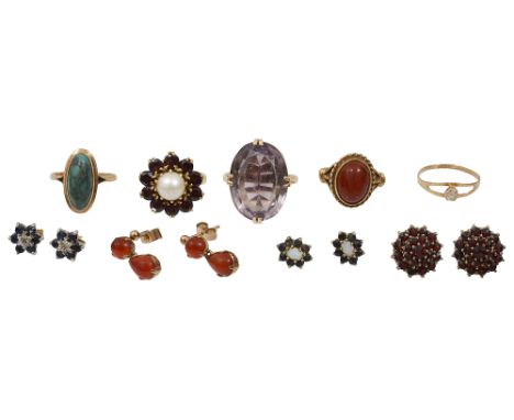 Three pairs of cluster earrings including garnet, and  sapphire-set; four dress rings including an oval amethyst, and a 9ct y