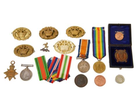 A WWI medal group awarded to  4145 Pte A.T. Mc Peak R. Scots and other itemsfirst formed of War and Victory medals, 1914-15 c