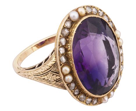 A mid Victorian amethyst, pearl and diamond-set ring, the central oval amethyst collet-set to the seed pearl and rose-cut dia