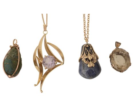 Four semi-precious mounted pendantsthe first green ovoid within a wirework cage; the second mid 20th century asymmetric  9ct 