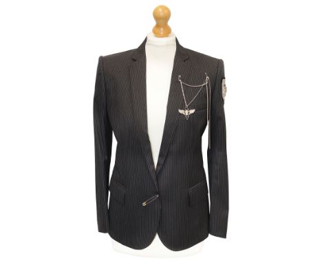 Two Balmain jacketsfirst with pinstripe design and featuring safety pin button, removable multi chain insect pin and embroide