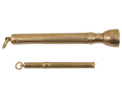 A Samson Morden 9ct gold cigarette piercer and anotherthe first with removable cover with engine turned decoration and suspen