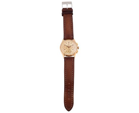 A gentleman's 18K gold Breitling Premier Chronograph 734circa 1955, champagne coloured dial, three subsidiary dials, chronogr