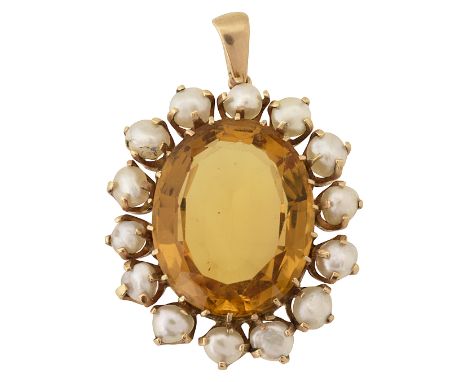 A citrine and pearl cluster pendantthe oval mixed-cut citrine measuring 21.2mm x 17.0mm x 8.8mm to the surround of slightly b