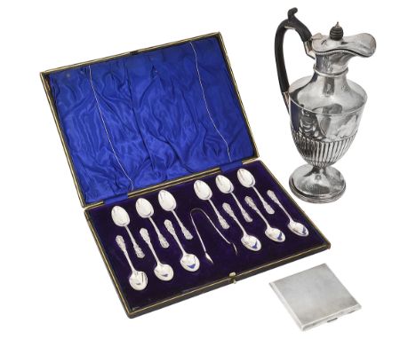 A late Victorian cased set of twelve silver coffee spoons with sugar tongs, a square engine turned silver cigarette case and 