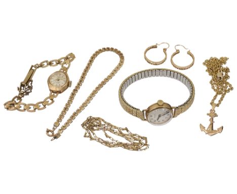 Two 9ct yellow gold necklacesone with an anchor pendant; a textured fancy link bracelet; a pair of Greek key fret ear hoops; 