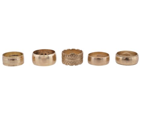 Five wedding bands: four hallmarked for yellow gold 9ct, the fifth stamped '14K'  (5)sizes K- N; 9ct 17.5g., and 14K 8.8gCond