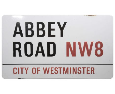 Music Memorabilia: An enamelled Abbey Road NW8 street sign, City of Westminster, late 20th century, with iconic black and red