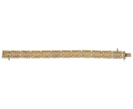 A fancy three bar gate link braceletunmarked, the bars interspersed with pierced scroll work, with integral push fasteningwei