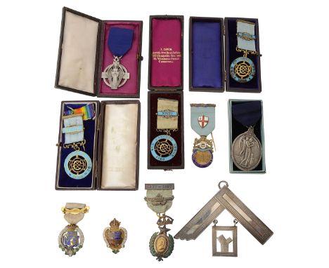 A large Masonic silver collar jewel and a selection of silver jewelsfirst engraved verso "Presented by the Old Concord Lodge 