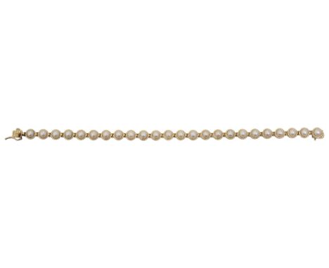 A cultured pearl flexible link bracelet, each engraved circular rope twist link  set with a cultured pearl, to the concealed 