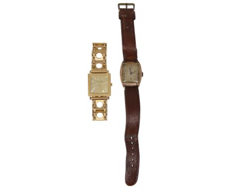 A gentleman's 18ct gold cased Bueche-Girod wristwatch c.1970 and a 9ct gold wristwatchfirst square brushed gold coloured dial