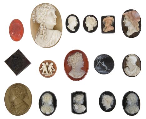 A collection of mostly 19th century hardstone portrait cameosto include a large finely carved oval agate cameo of maiden faci