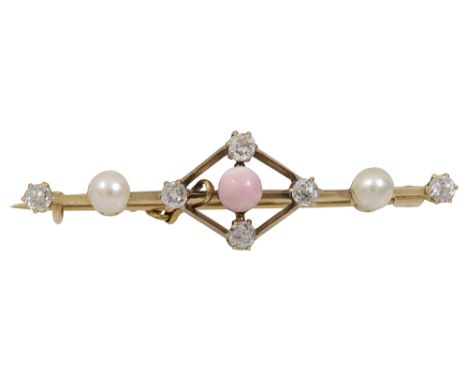 A late Victorian conch pearl and diamond open-work knife bar brooch, the central conch pearl with an old brilliant-cut diamon