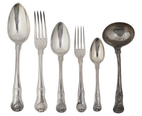 A late George III silver Kings pattern six setting canteen of flatwareLondon, 1814 by Thomas Wilkes Barbercomprising six tabl