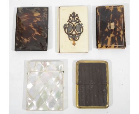 A Victorian mother of pearl card case, of rectangular form, inset with abalone shell to sides, together with a brass bound le