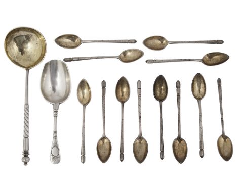 A late 19th century Russian .84 silver caddy spoon, a set of twelve coffee spoons and a spoonfirst Moscow, dated 1887, handle