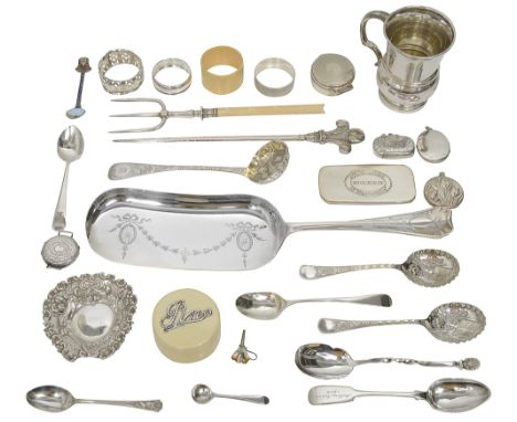 A collection of silver and electroplated items various dates, makerscomprising a christening mug, a pierced and embossed pin 