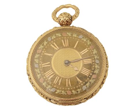 A Victorian 18K open faced fancy pocket watch the heavily chased case with Roman numerals and engine turned inner dial, with 